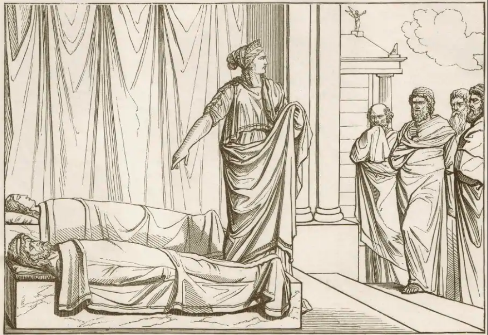 Clytemnestra in front of the corpse of Agamemnon and Cassandra by A. Joerdens, 1883